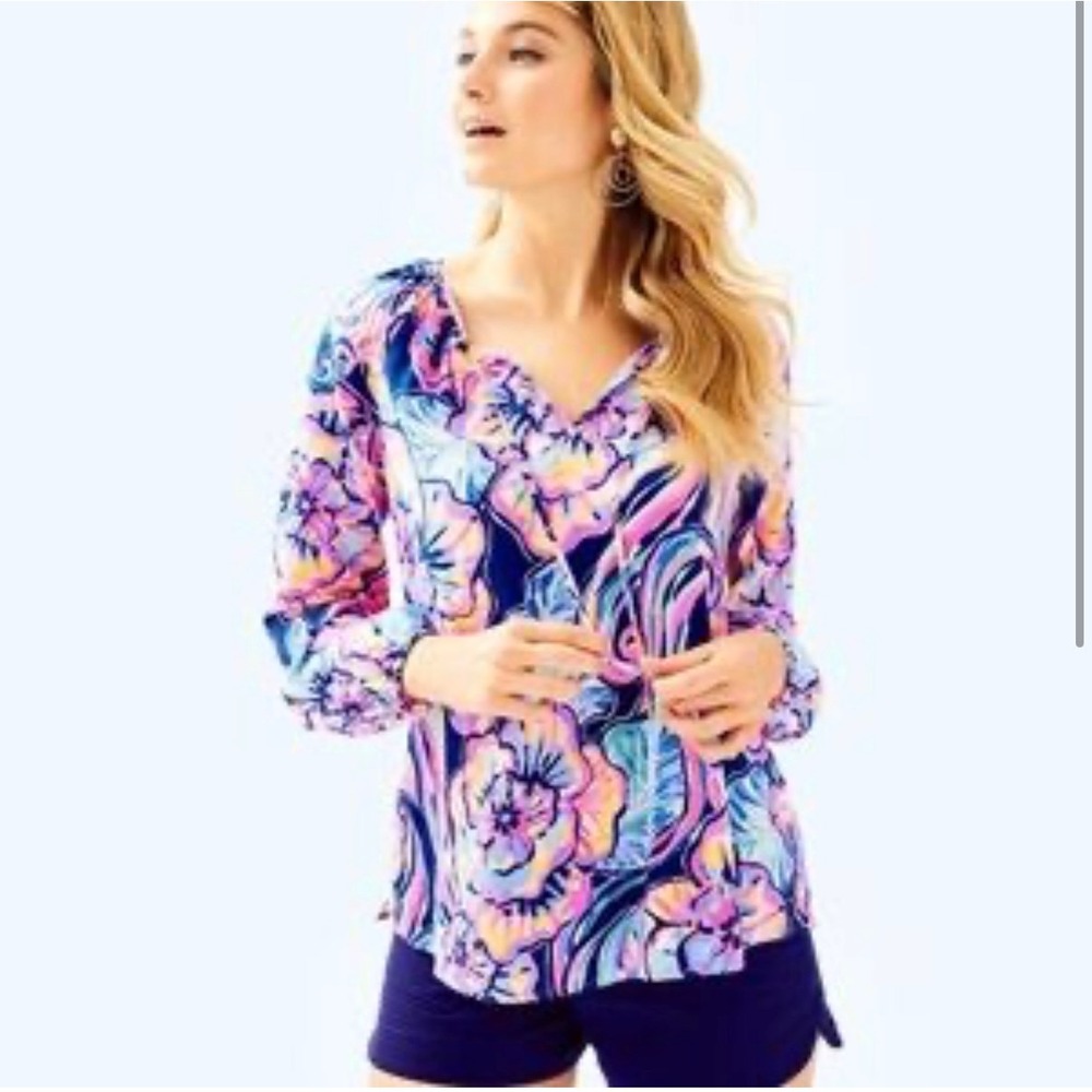 Lilly Pulitzer Squeeze the Day Floral Knit Top Navy Pink Orange Long Sleeve M